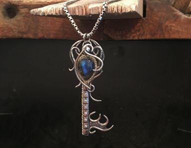 Handmade Labradorite silver and 9ct gold, diamond set pendant