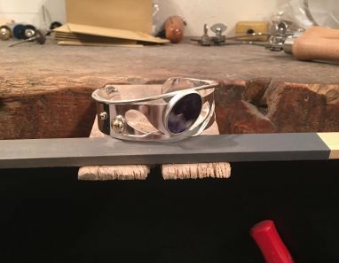 Blue John set silver bangle with 9 carat gold accents