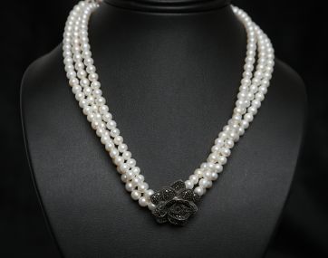 Three row Pearl choker with Silver Marcasite `rose` centre