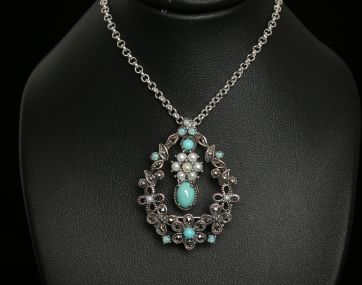 Turquoise and seed pearl Silver vintage style 4 way necklace\brooch